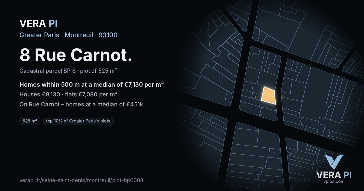 8 Rue Carnot, Montreuil at night – the plot lit, the parcels around coloured by the prices near them