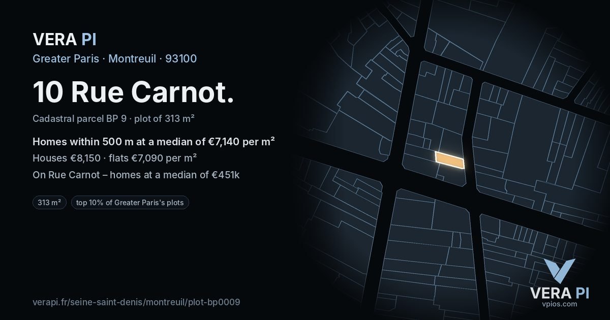 10 Rue Carnot, Montreuil at night – the plot lit, the parcels around coloured by the prices near them