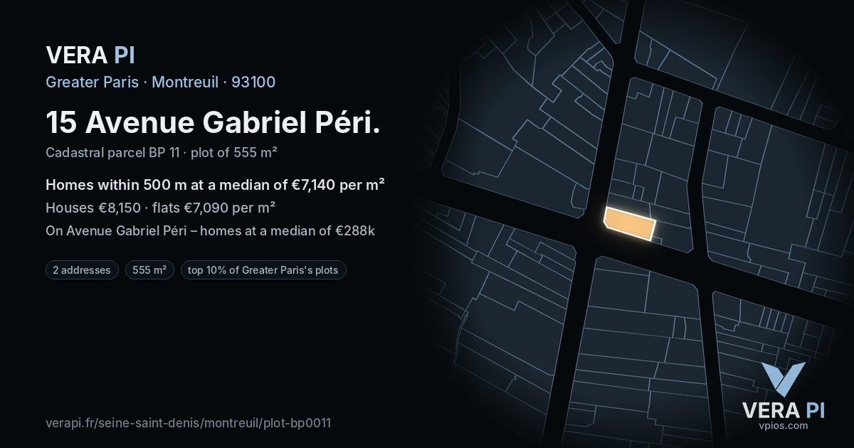 15 Avenue Gabriel Péri, Montreuil at night – the plot lit, the parcels around coloured by the prices near them