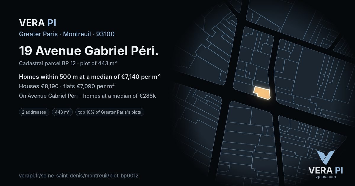 19 Avenue Gabriel Péri, Montreuil at night – the plot lit, the parcels around coloured by the prices near them