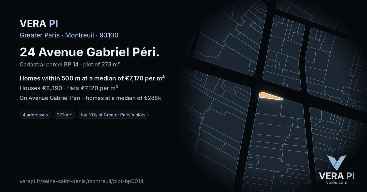 24 Avenue Gabriel Péri, Montreuil at night – the plot lit, the parcels around coloured by the prices near them