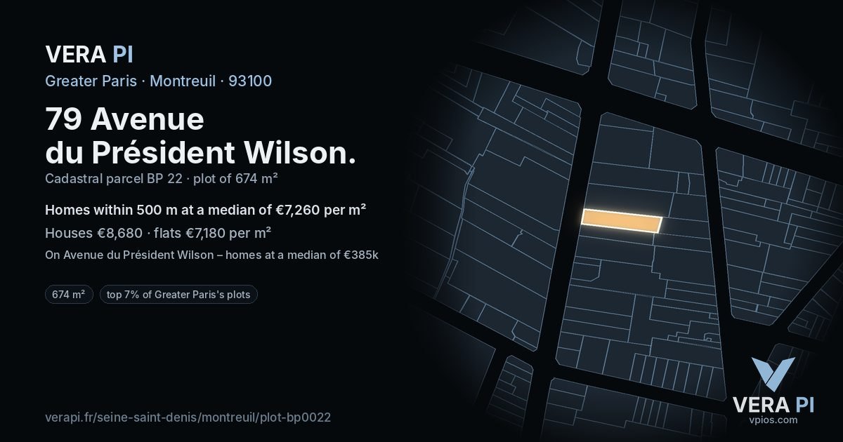 79 Avenue du Président Wilson, Montreuil at night – the plot lit, the parcels around coloured by the prices near them