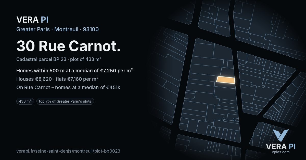 30 Rue Carnot, Montreuil at night – the plot lit, the parcels around coloured by the prices near them