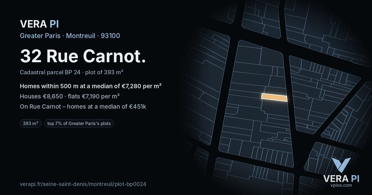 32 Rue Carnot, Montreuil at night – the plot lit, the parcels around coloured by the prices near them