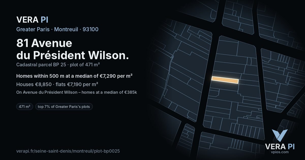 81 Avenue du Président Wilson, Montreuil at night – the plot lit, the parcels around coloured by the prices near them