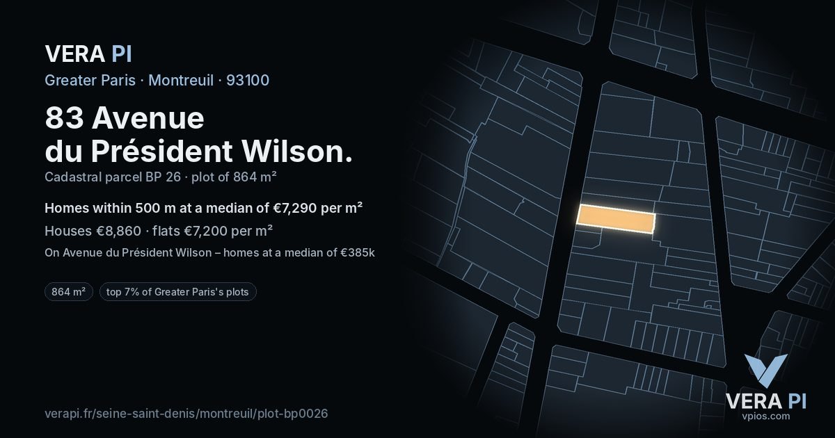 83 Avenue du Président Wilson, Montreuil at night – the plot lit, the parcels around coloured by the prices near them