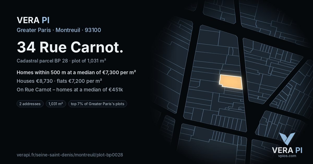 34 Rue Carnot, Montreuil at night – the plot lit, the parcels around coloured by the prices near them