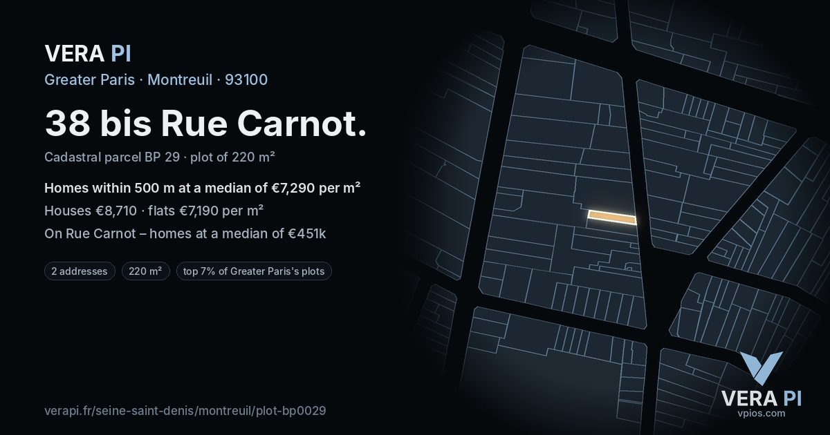 38 bis Rue Carnot, Montreuil at night – the plot lit, the parcels around coloured by the prices near them