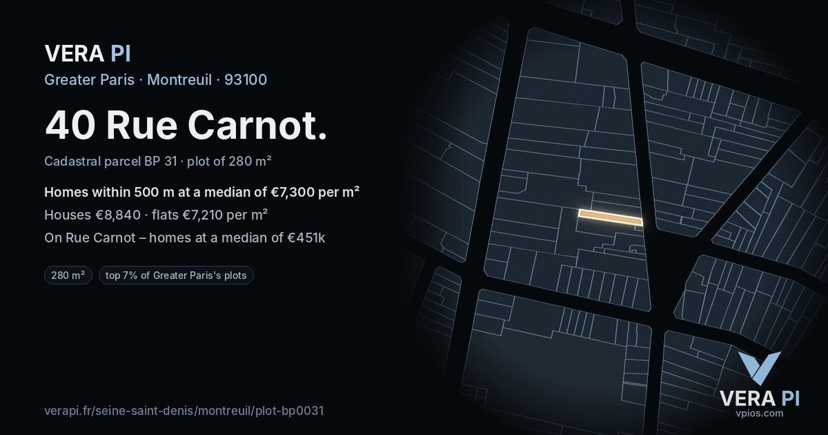 40 Rue Carnot, Montreuil at night – the plot lit, the parcels around coloured by the prices near them