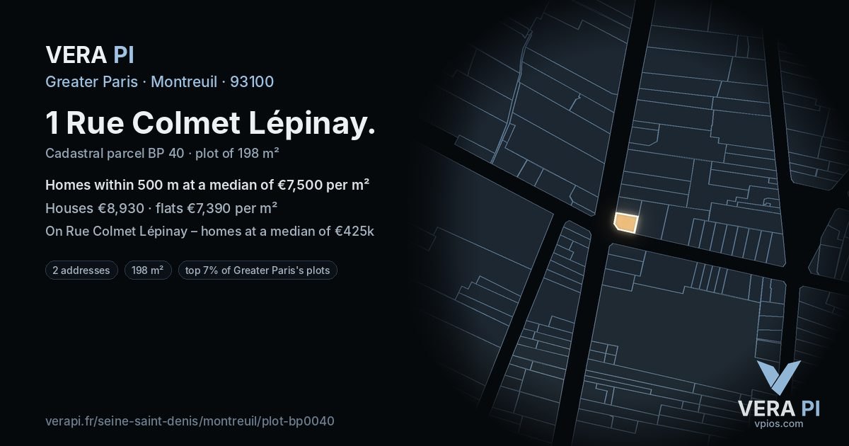 1 Rue Colmet Lépinay, Montreuil at night – the plot lit, the parcels around coloured by the prices near them