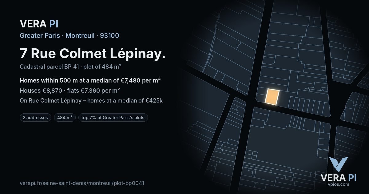 7 Rue Colmet Lépinay, Montreuil at night – the plot lit, the parcels around coloured by the prices near them