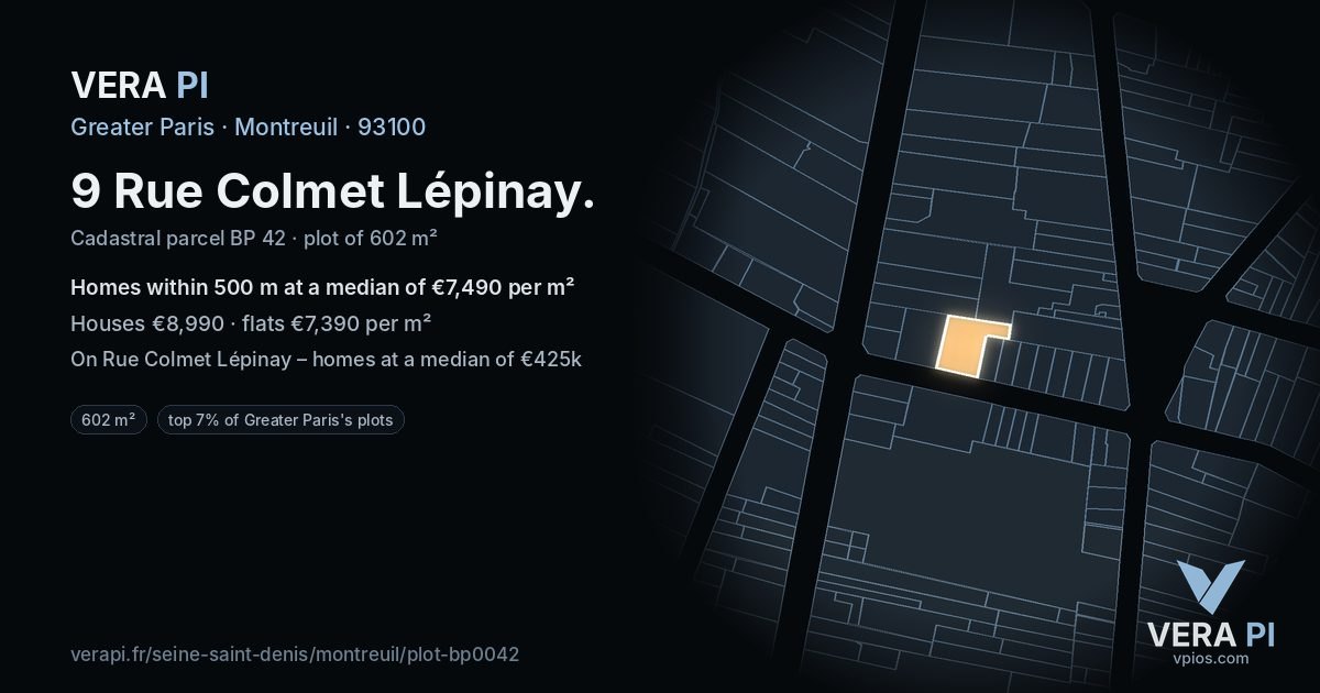9 Rue Colmet Lépinay, Montreuil at night – the plot lit, the parcels around coloured by the prices near them