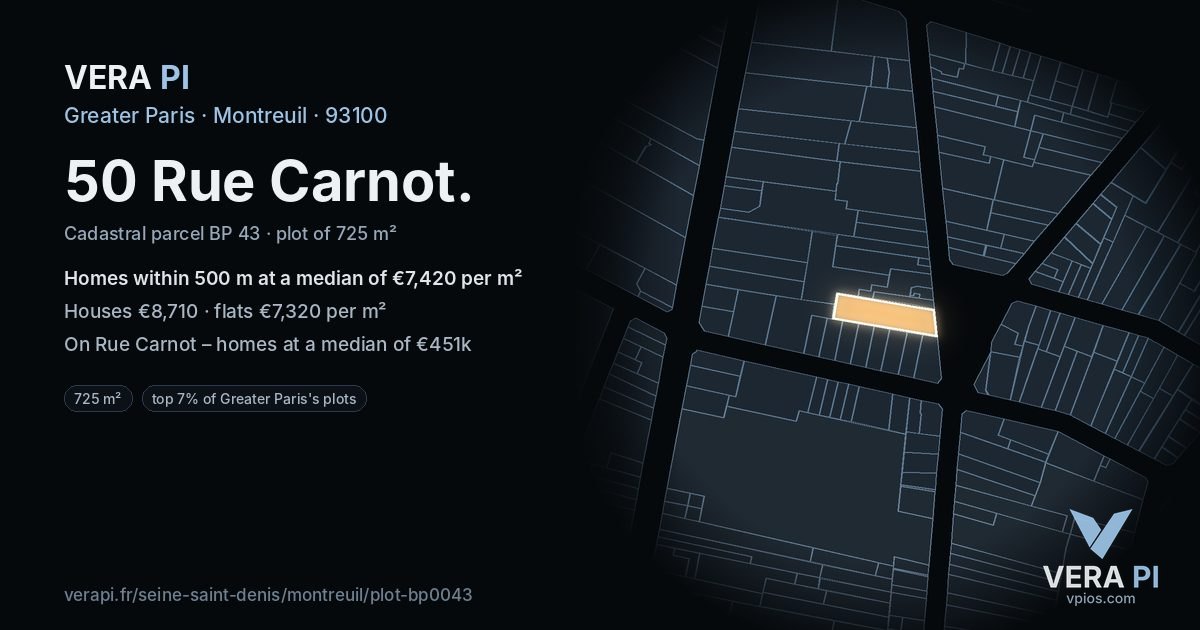 50 Rue Carnot, Montreuil at night – the plot lit, the parcels around coloured by the prices near them