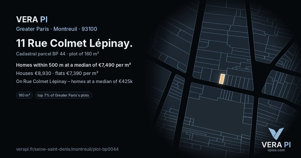11 Rue Colmet Lépinay, Montreuil at night – the plot lit, the parcels around coloured by the prices near them