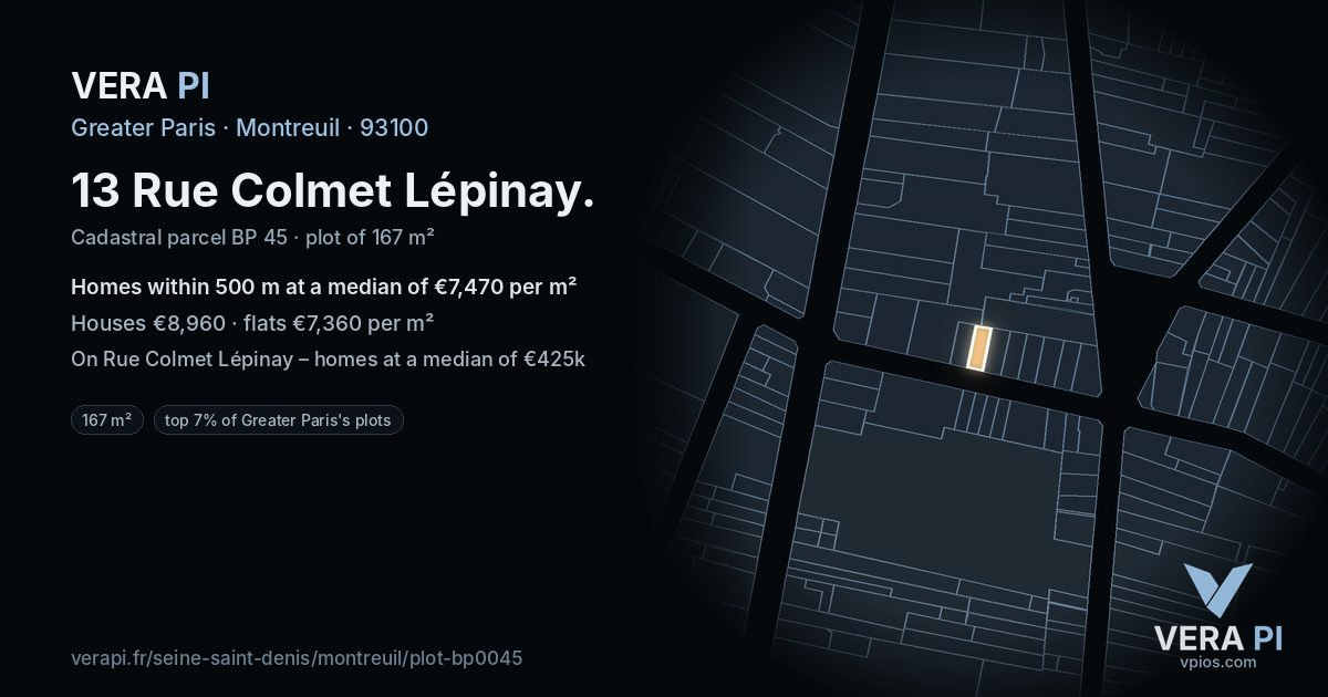13 Rue Colmet Lépinay, Montreuil at night – the plot lit, the parcels around coloured by the prices near them