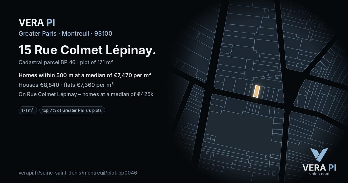 15 Rue Colmet Lépinay, Montreuil at night – the plot lit, the parcels around coloured by the prices near them