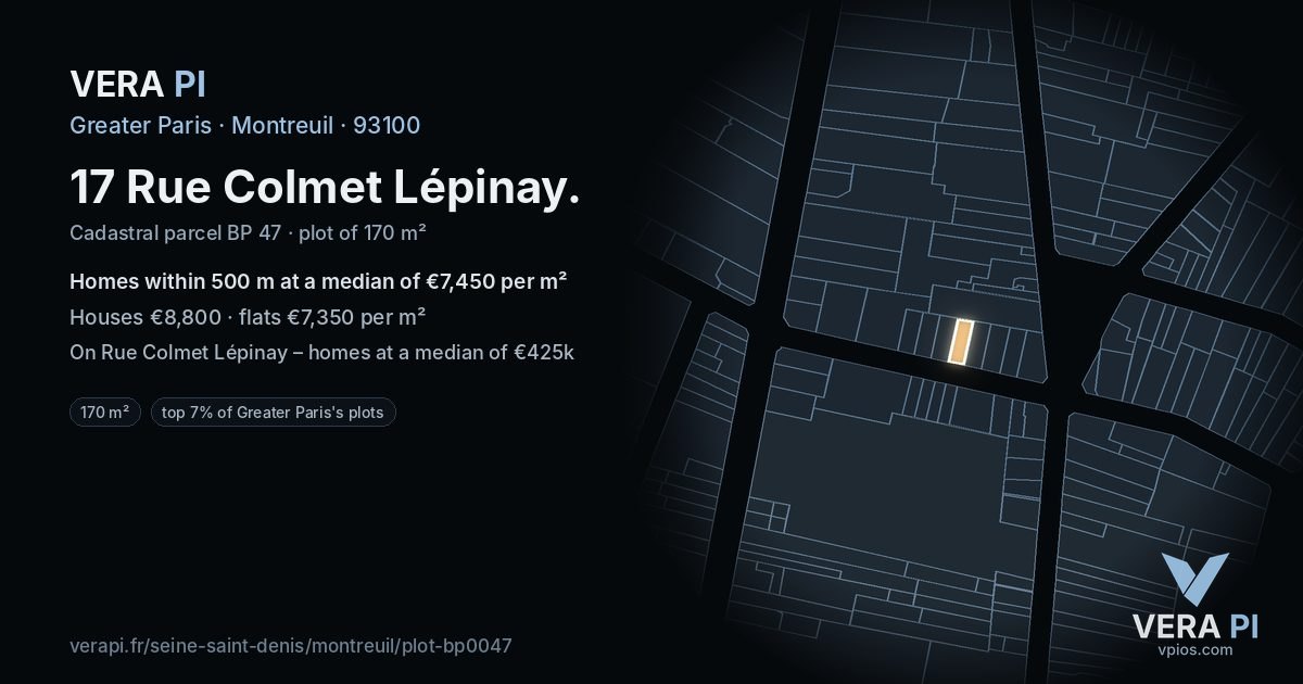 17 Rue Colmet Lépinay, Montreuil at night – the plot lit, the parcels around coloured by the prices near them
