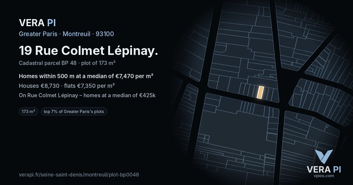 19 Rue Colmet Lépinay, Montreuil at night – the plot lit, the parcels around coloured by the prices near them