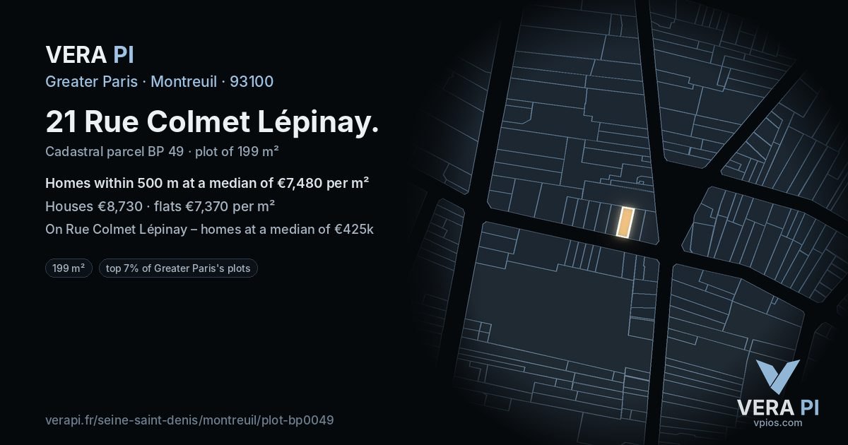 21 Rue Colmet Lépinay, Montreuil at night – the plot lit, the parcels around coloured by the prices near them