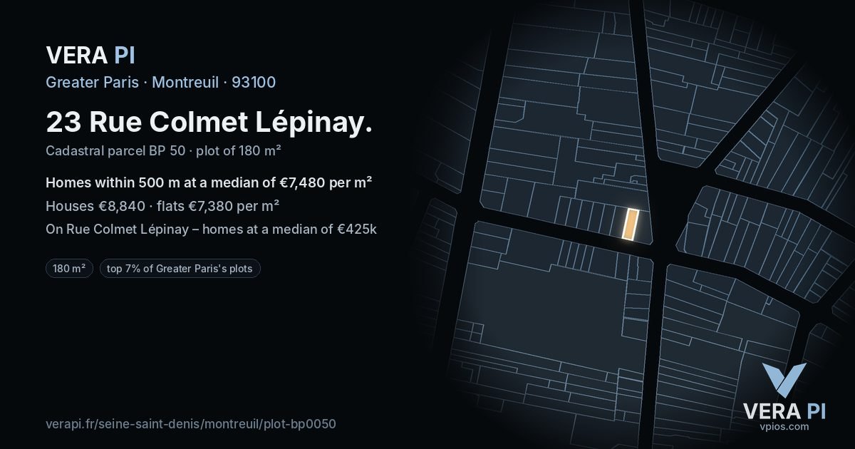 23 Rue Colmet Lépinay, Montreuil at night – the plot lit, the parcels around coloured by the prices near them