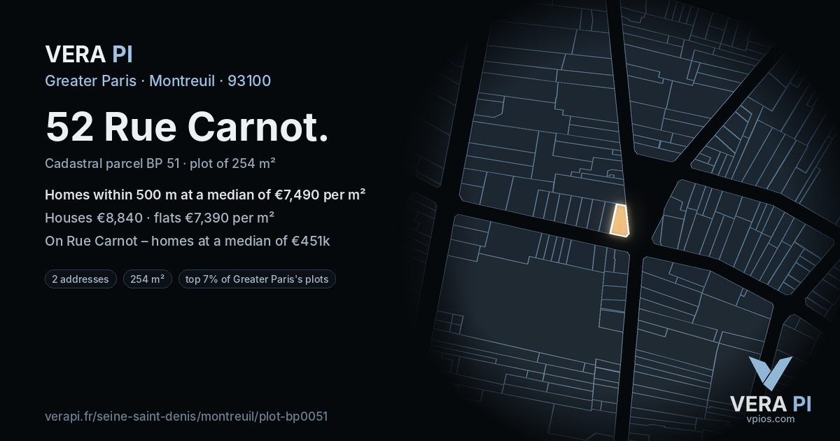 52 Rue Carnot, Montreuil at night – the plot lit, the parcels around coloured by the prices near them