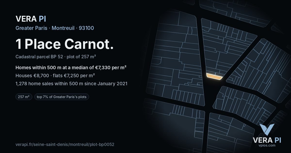 1 Place Carnot, Montreuil at night – the plot lit, the parcels around coloured by the prices near them