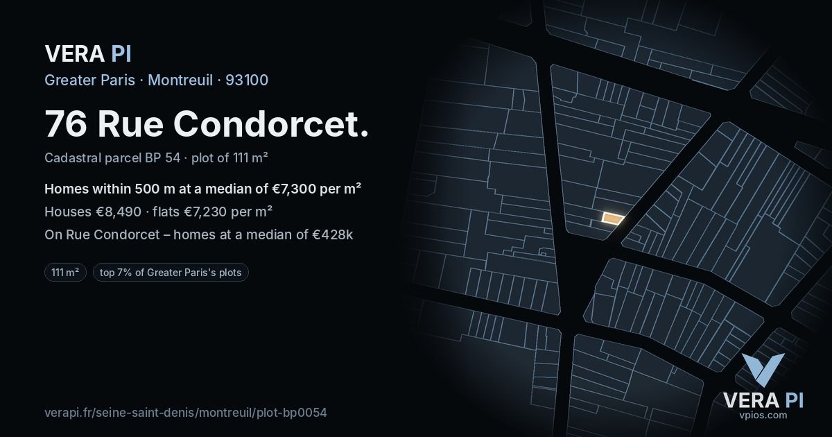 76 Rue Condorcet, Montreuil at night – the plot lit, the parcels around coloured by the prices near them
