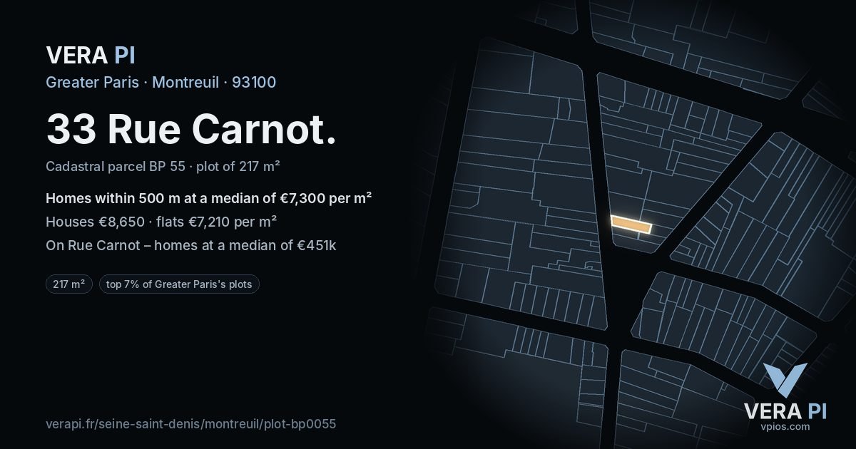 33 Rue Carnot, Montreuil at night – the plot lit, the parcels around coloured by the prices near them