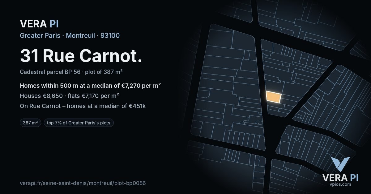 31 Rue Carnot, Montreuil at night – the plot lit, the parcels around coloured by the prices near them