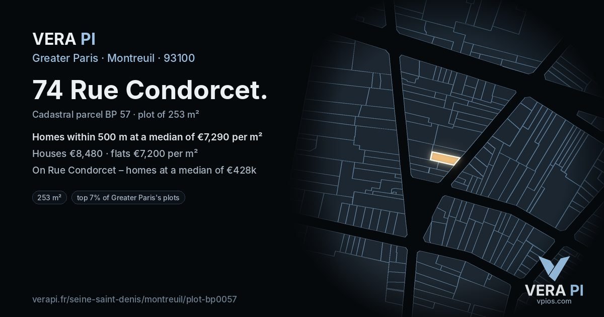 74 Rue Condorcet, Montreuil at night – the plot lit, the parcels around coloured by the prices near them