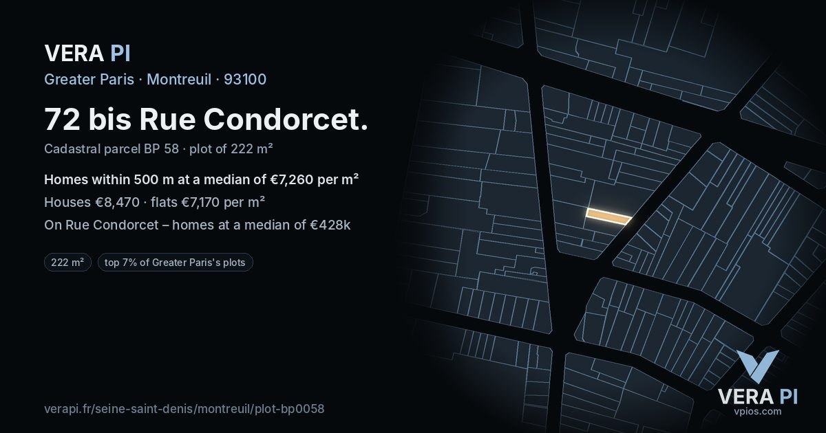 72 bis Rue Condorcet, Montreuil at night – the plot lit, the parcels around coloured by the prices near them