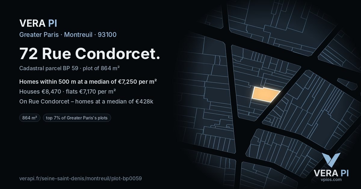 72 Rue Condorcet, Montreuil at night – the plot lit, the parcels around coloured by the prices near them