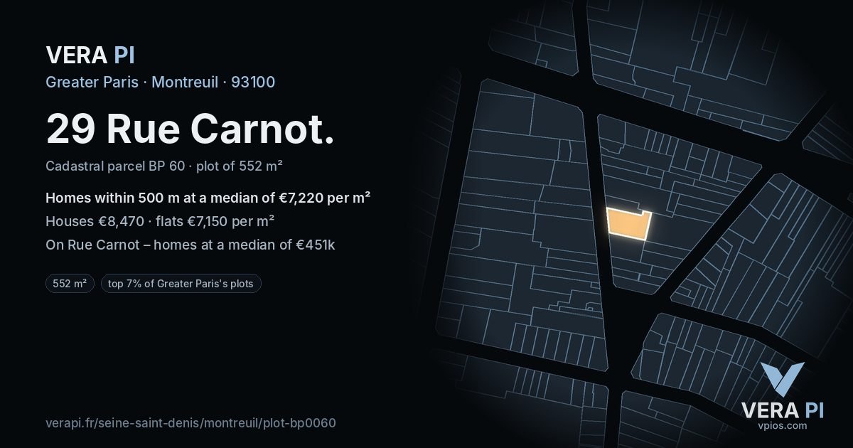 29 Rue Carnot, Montreuil at night – the plot lit, the parcels around coloured by the prices near them