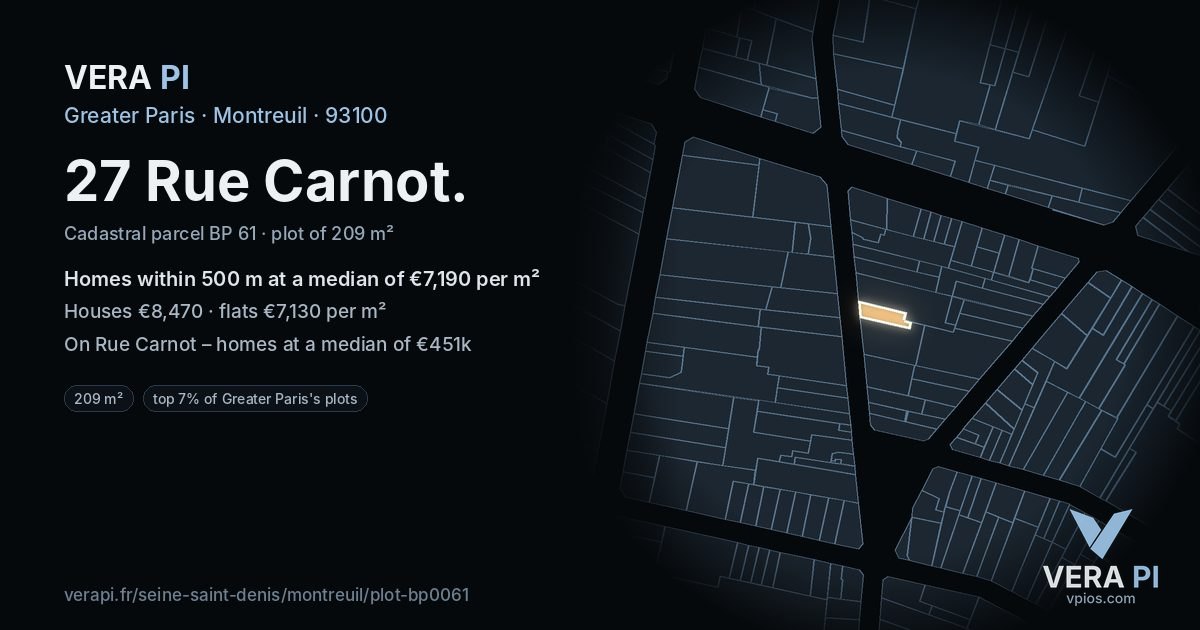 27 Rue Carnot, Montreuil at night – the plot lit, the parcels around coloured by the prices near them