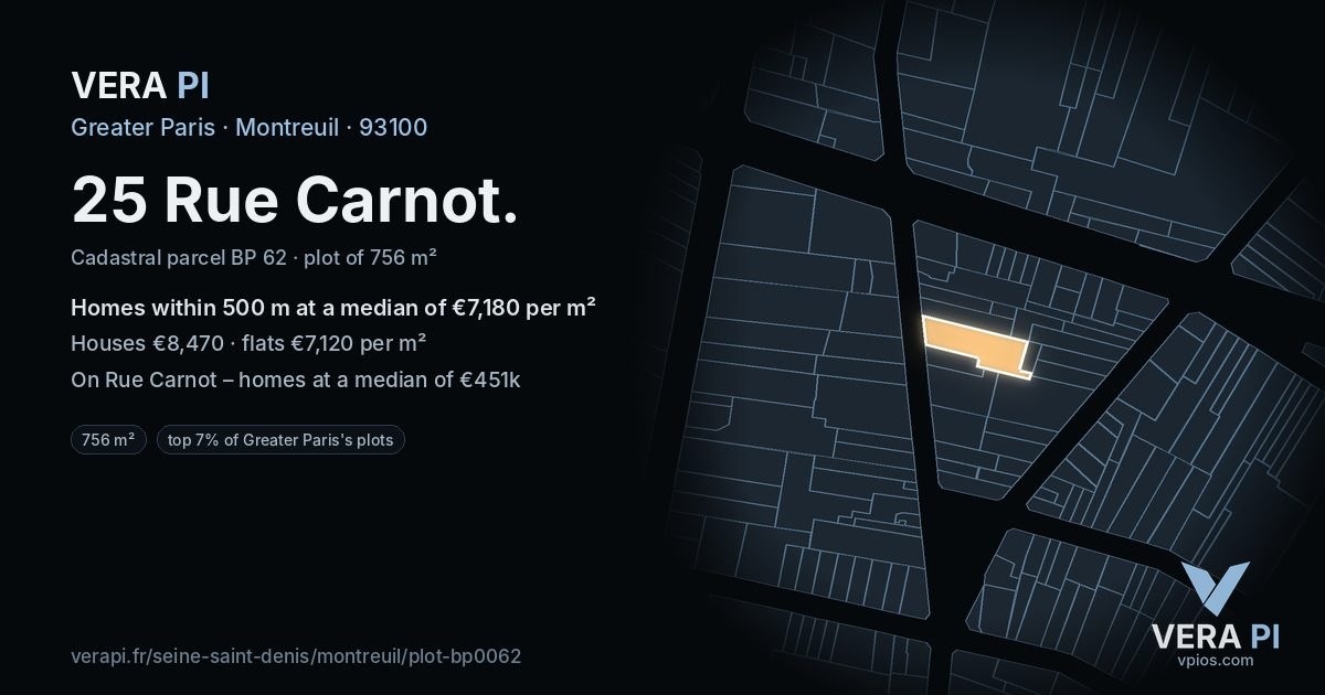 25 Rue Carnot, Montreuil at night – the plot lit, the parcels around coloured by the prices near them