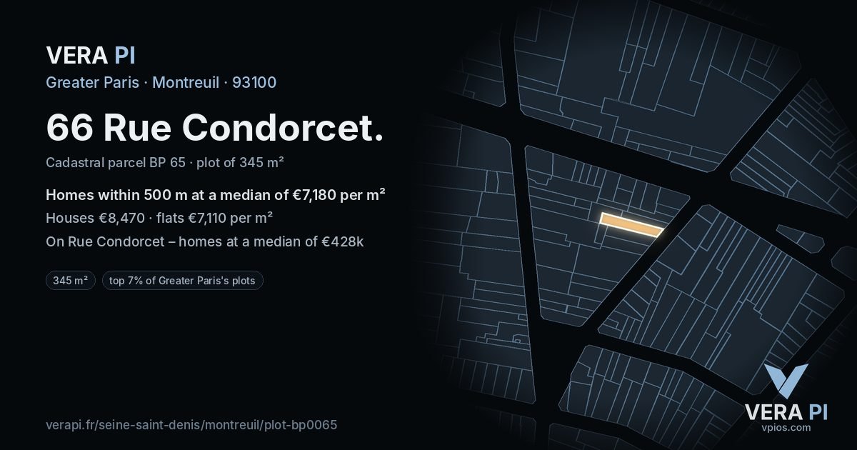66 Rue Condorcet, Montreuil at night – the plot lit, the parcels around coloured by the prices near them