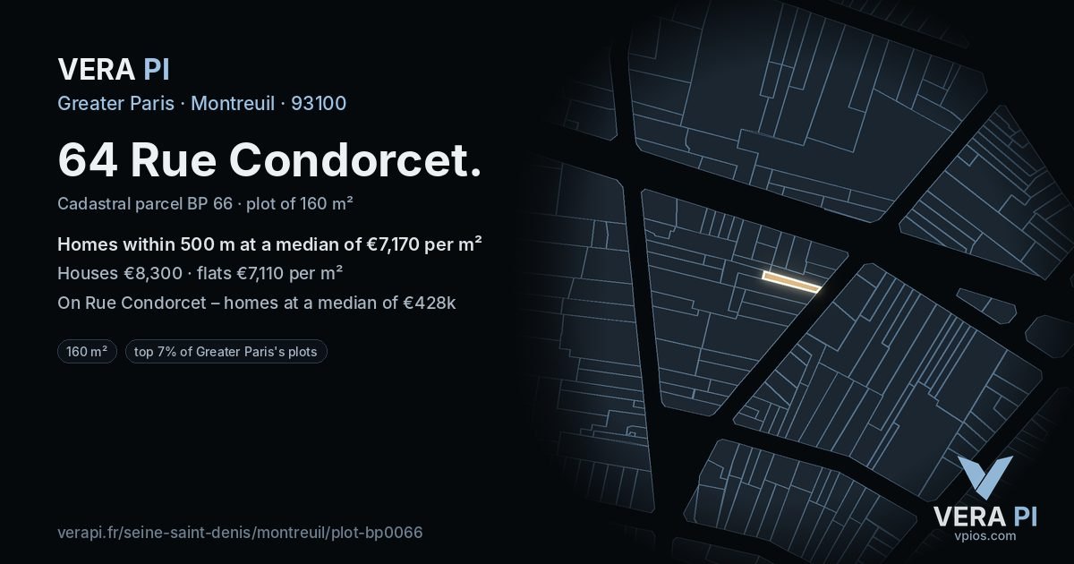 64 Rue Condorcet, Montreuil at night – the plot lit, the parcels around coloured by the prices near them