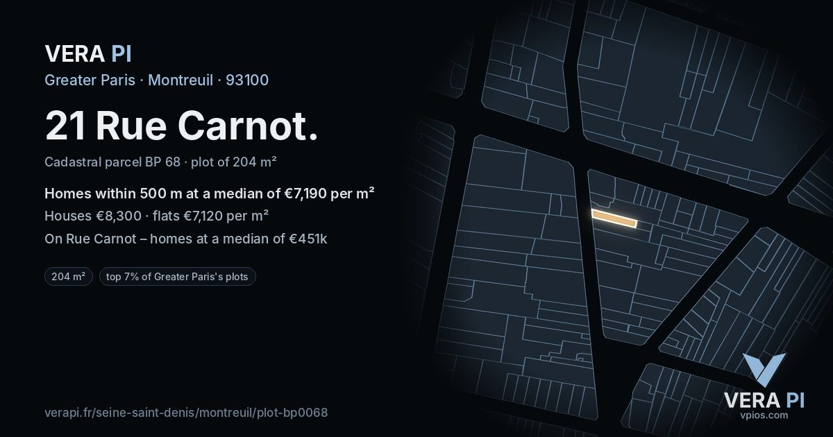 21 Rue Carnot, Montreuil at night – the plot lit, the parcels around coloured by the prices near them