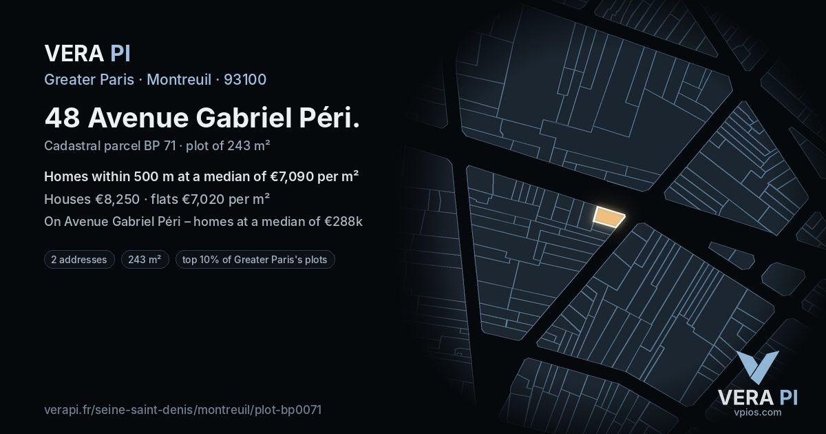48 Avenue Gabriel Péri, Montreuil at night – the plot lit, the parcels around coloured by the prices near them