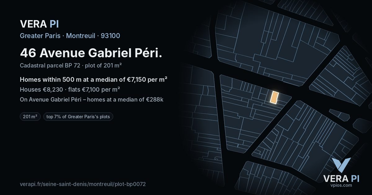 46 Avenue Gabriel Péri, Montreuil at night – the plot lit, the parcels around coloured by the prices near them