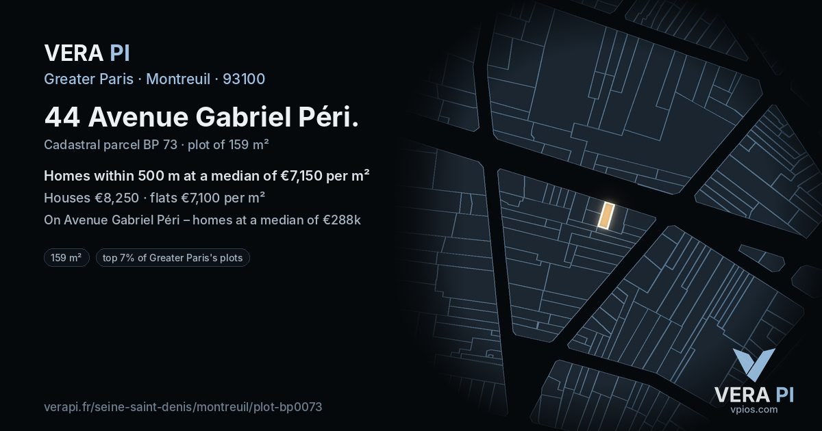 44 Avenue Gabriel Péri, Montreuil at night – the plot lit, the parcels around coloured by the prices near them