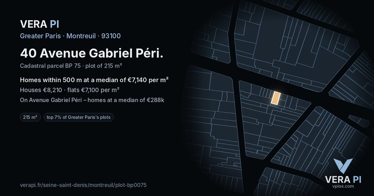 40 Avenue Gabriel Péri, Montreuil at night – the plot lit, the parcels around coloured by the prices near them