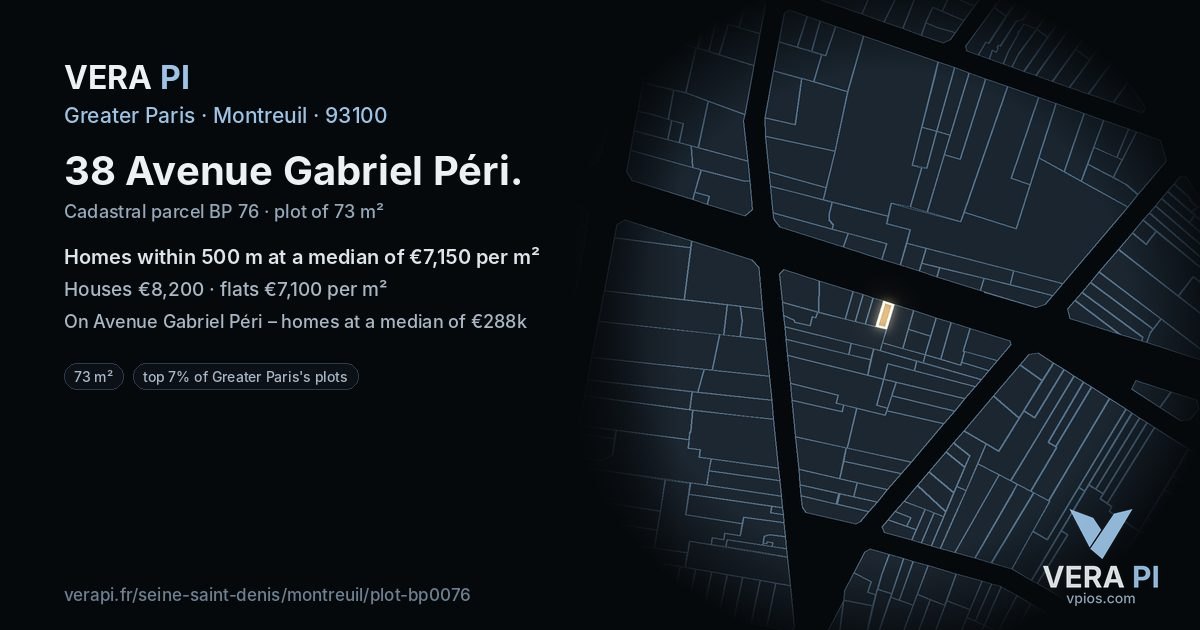 38 Avenue Gabriel Péri, Montreuil at night – the plot lit, the parcels around coloured by the prices near them