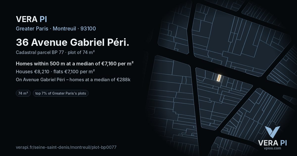 36 Avenue Gabriel Péri, Montreuil at night – the plot lit, the parcels around coloured by the prices near them