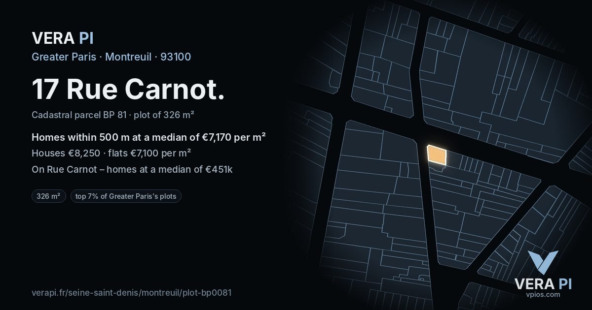 17 Rue Carnot, Montreuil at night – the plot lit, the parcels around coloured by the prices near them