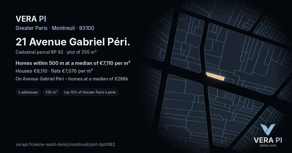21 Avenue Gabriel Péri, Montreuil at night – the plot lit, the parcels around coloured by the prices near them