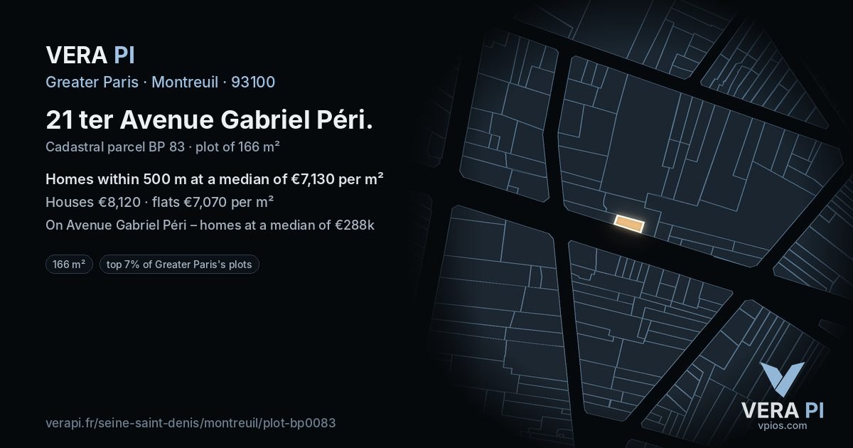 21 ter Avenue Gabriel Péri, Montreuil at night – the plot lit, the parcels around coloured by the prices near them