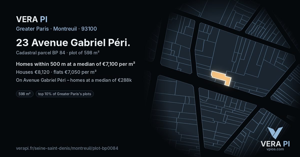 23 Avenue Gabriel Péri, Montreuil at night – the plot lit, the parcels around coloured by the prices near them