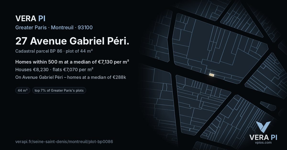 27 Avenue Gabriel Péri, Montreuil at night – the plot lit, the parcels around coloured by the prices near them