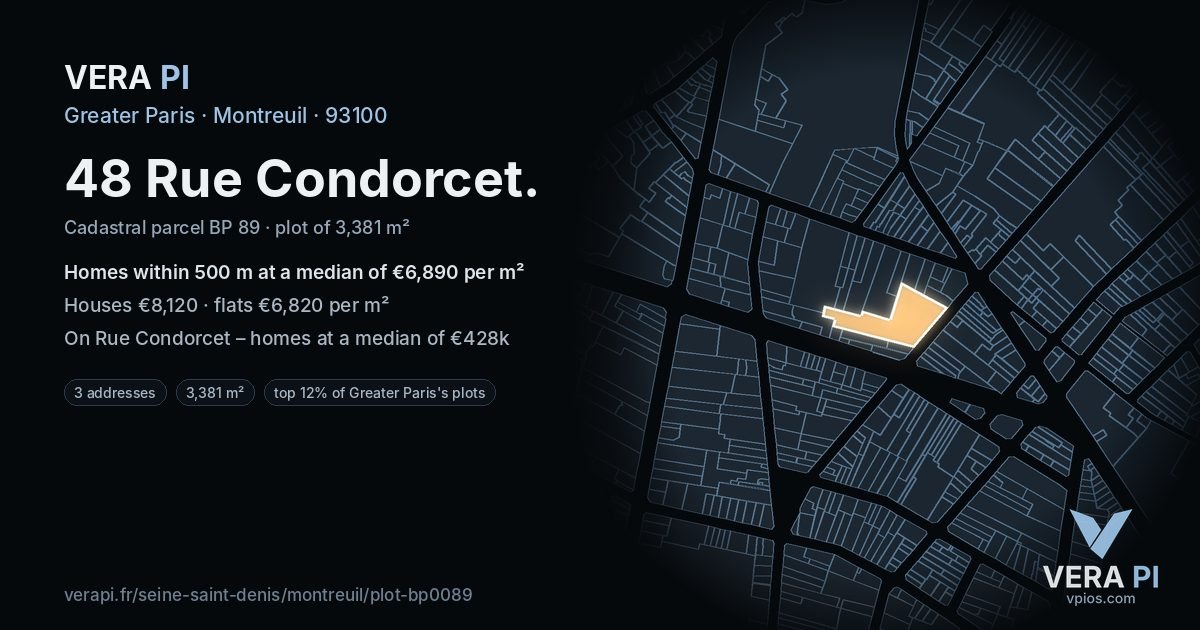 48 Rue Condorcet, Montreuil at night – the plot lit, the parcels around coloured by the prices near them